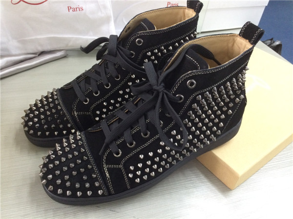 Super Max Perfect Christian Louboutin Black Suede Louis Spikes Men's Flat Sneaker With Glossy Red Sole(with receipt)