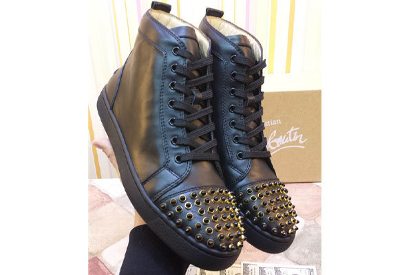 Super Max perfect Christian Louboutin High Top Gold Spike Black leather Sneaker(with receipt)