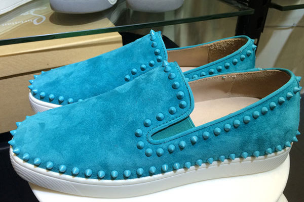 Super Max Perfect Christian Louboutin Pik Boat Spikes Suede Mens Flat Sneakers Sky Blue(with receipt)