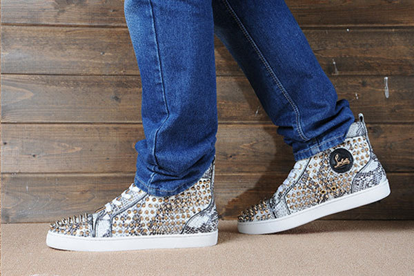 Super Max Perfect Christian Louboutin Louis Spikes Python Leather Men Flat With Golden Studs(with receipt)