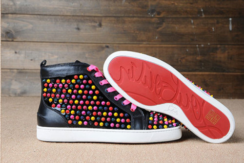 Super Max Perfect Christian Louboutin Colorful Louis Spikes Men's Flat Black Leather(with receipt)