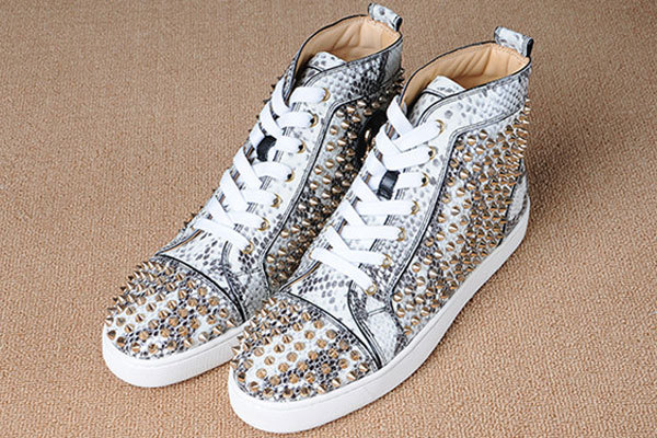 Super Max Perfect Christian Louboutin Louis Spikes Python Leather Men Flat With Golden Studs(with receipt)