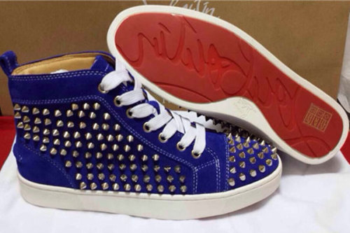 Super Max Perfect Christian Louboutin Louis Silver Spikes Men Flat Blue Suede（with receipt)