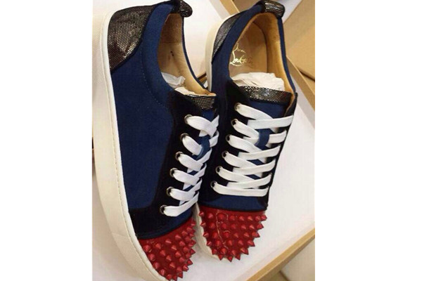 Super Max Perfect Christian Louboutin Louis Junior Spikes Men's Flat Blue（with receipt)