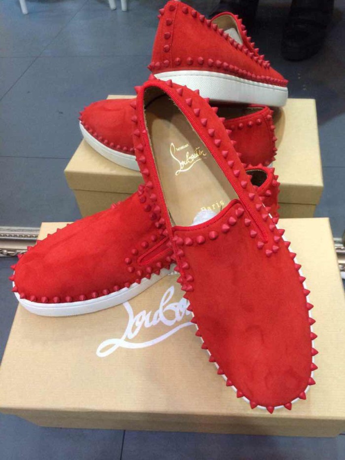 Super Max Perfect Christian Louboutin Pik Boat Red Spikes Suede Flat Sneakers（with receipt)