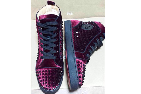 Super Max Perfect Christian Louboutin Louis Spikes Men Flat Burgundy Nubuck（with receipt)