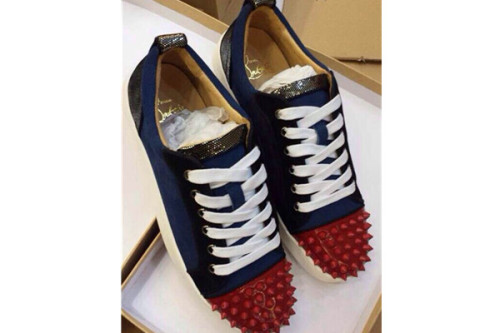 Super Max Perfect Christian Louboutin Louis Junior Spikes Men's Flat Blue（with receipt)