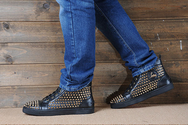 Super Max Perfect Christian Louboutin Louis Spikes Men's Flat Black/GoldenSuper Max Perfect Christian Louboutin Louis Spikes Men's Flat Black Sleek Calfskin Leather(with receipt)